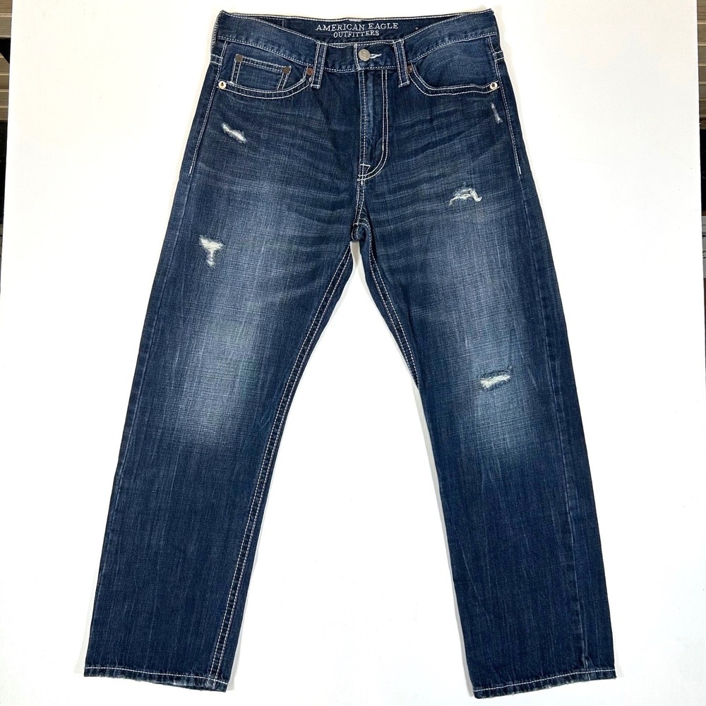 American Eagle Relaxed Straight Jeans Mens 33x29.5 Dark Wash Distressed Denim